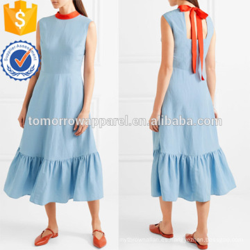 Venta caliente azul sin mangas corbatas volantes dobladillo Midi verano vestido diario fabricación al por mayor de moda mujeres ropa (TA0002D)